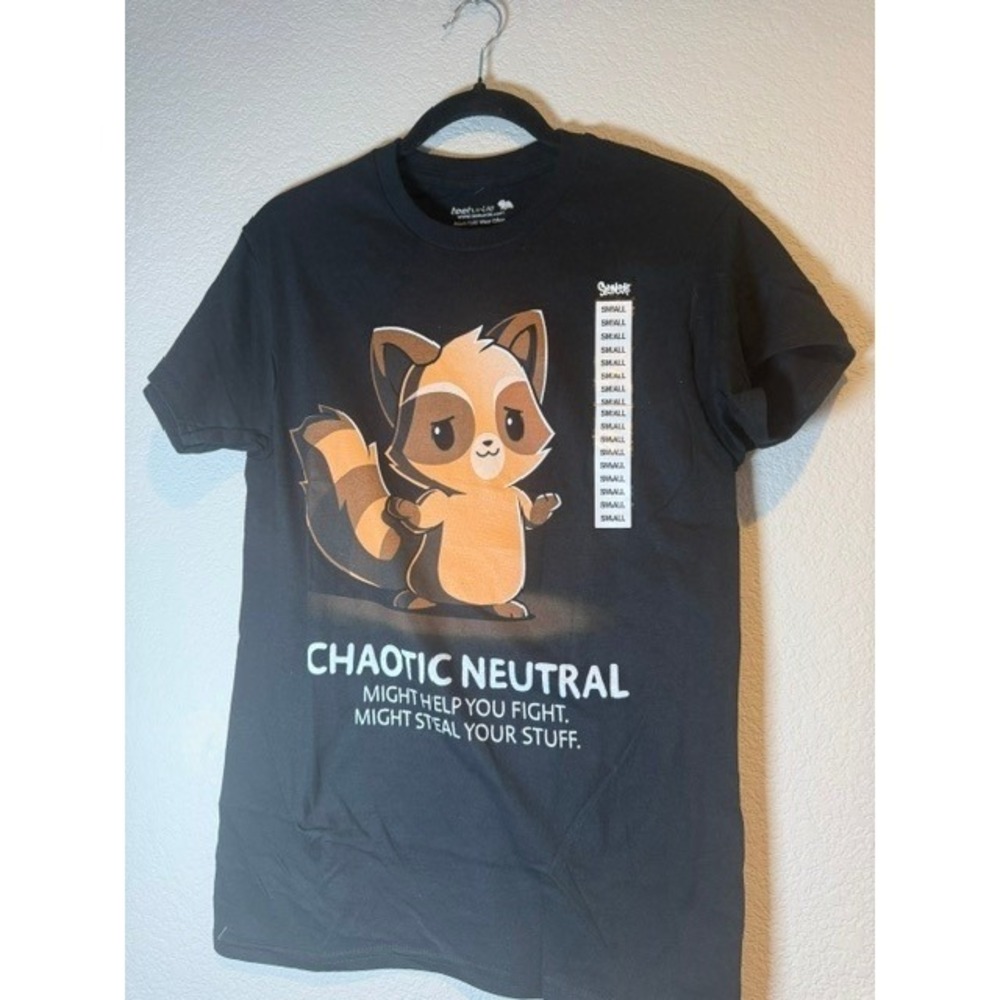 TeeTurtle Chaotic Neutral Raccoon Graphic T-Shirt Black Mens Small Spencers NEW - Picture 2 of 5